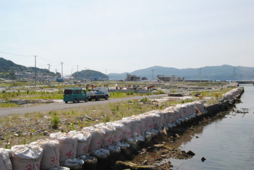 震災後の南三陸：陸側から海側を見た写真